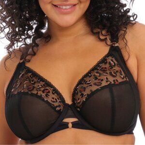 Elomi Plus Size 40I Black Namrah Animal Embroidered Mesh Bandless Plunge Bra